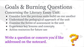Goals & Burning Questions 
Concerning the Literary Essay Unit: 
● Consider how the previous units build on one another 
● Understand the pedagogical approach of the unit 
● Examine the forms of assessment in the unit 
● Experience key lessons and concepts 
● Access resources for future use 
Write a question or concern you’d like 
addressed on the notecard. 
 