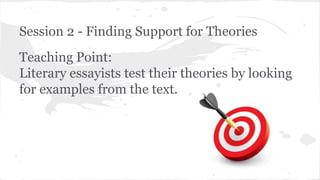 Session 2 - Finding Support for Theories 
Teaching Point: 
Literary essayists test their theories by looking 
for examples from the text. 
 