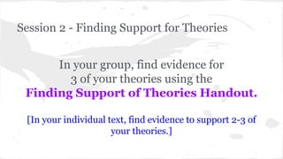 Session 2 - Finding Support for Theories 
In your group, find evidence for 
3 of your theories using the 
Finding Support of Theories Handout. 
[In your individual text, find evidence to support 2-3 of 
your theories.] 
 
