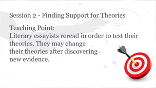Session 2 - Finding Support for Theories 
Teaching Point: 
Literary essayists reread in order to test their 
theories. They may change 
their theories after discovering 
new evidence. 
 