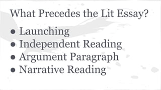 What Precedes the Lit Essay? 
● Launching 
● Independent Reading 
● Argument Paragraph 
● Narrative Reading 
 