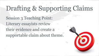 Drafting & Supporting Claims 
Session 3 Teaching Point: 
Literary essayists review 
their evidence and create a 
supportable claim about theme. 
 
