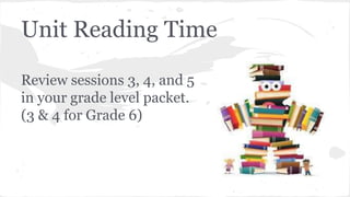 Unit Reading Time 
Review sessions 3, 4, and 5 
in your grade level packet. 
(3 & 4 for Grade 6) 
 