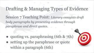Drafting & Managing Types of Evidence 
Session 7 Teaching Point: Literary essayists draft 
body paragraphs by presenting evidence through 
paraphrase and direct quotes. 
● quoting vs. paraphrasing (6th & 7th) 
● setting up the paraphrase or quote 
within a paragraph (6th) 
 