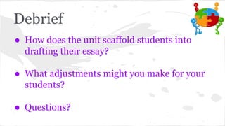 Debrief 
● How does the unit scaffold students into 
drafting their essay? 
● What adjustments might you make for your 
students? 
● Questions? 
 