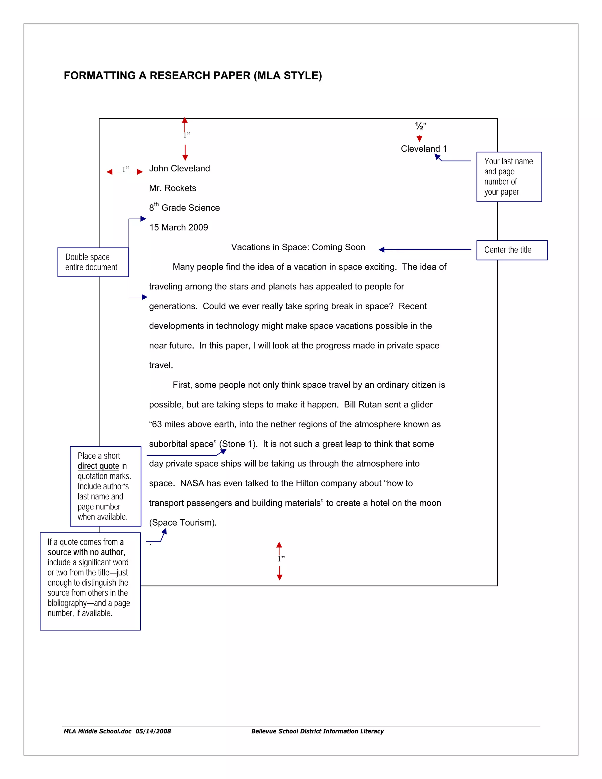 MLA Middle School.doc 05/14/2008 Bellevue School District Information Literacy
FORMATTING A RESEARCH PAPER (MLA STYLE)
½”
Cleveland 1
John Cleveland
Mr. Rockets
8
th
Grade Science
15 March 2009
Vacations in Space: Coming Soon
Many people find the idea of a vacation in space exciting. The idea of
traveling among the stars and planets has appealed to people for
generations. Could we ever really take spring break in space? Recent
developments in technology might make space vacations possible in the
near future. In this paper, I will look at the progress made in private space
travel.
First, some people not only think space travel by an ordinary citizen is
possible, but are taking steps to make it happen. Bill Rutan sent a glider
“63 miles above earth, into the nether regions of the atmosphere known as
suborbital space” (Stone 1). It is not such a great leap to think that some
day private space ships will be taking us through the atmosphere into
space. NASA has even talked to the Hilton company about “how to
transport passengers and building materials” to create a hotel on the moon
(Space Tourism).
.
1”
1”
1”
Double space
entire document
Your last name
and page
number of
your paper
Center the title
Place a short
direct quote in
quotation marks.
Include author’s
last name and
page number
when available.
½”
If a quote comes from a
source with no author,
include a significant word
or two from the title—just
enough to distinguish the
source from others in the
bibliography—and a page
number, if available.
 