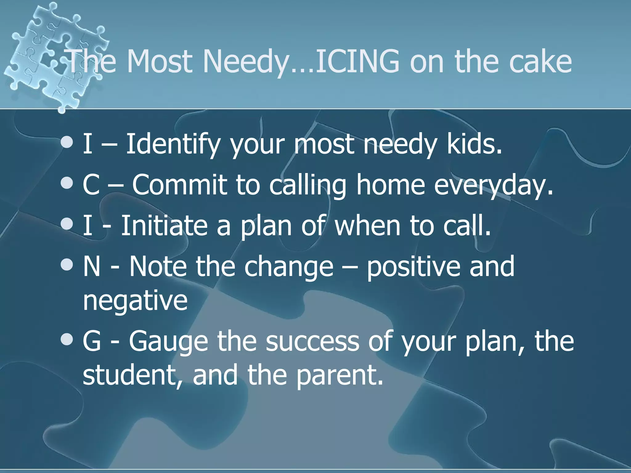 The Most Needy…ICING on the cake I – Identify your most needy kids. C – Commit to calling home everyday. I - Initiate a plan of when to call. N - Note the change – positive and negative G - Gauge the success of your plan, the student, and the parent. 
