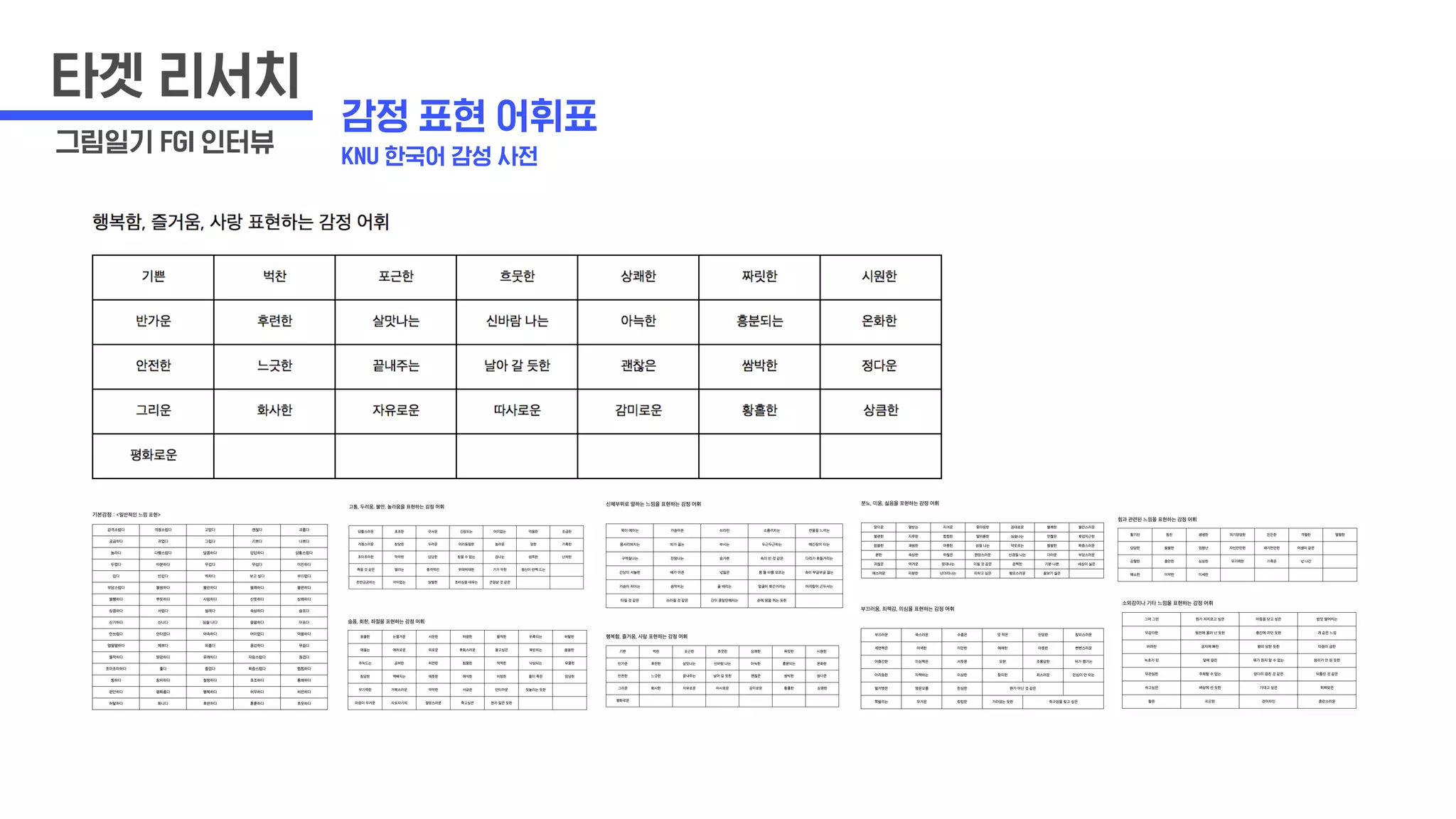 타겟 리서치
그림일기 FGI 인터뷰
감정 표현 어휘표
KNU 한국어 감성 사전
 