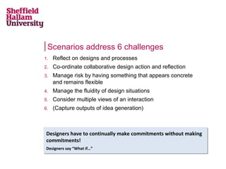 Scenarios address 6 challenges
1.

Reflect on designs and processes

2.

Co-ordinate collaborative design action and reflection

3.

Manage risk by having something that appears concrete
and remains flexible

4.

Manage the fluidity of design situations

5.

Consider multiple views of an interaction

6.

(Capture outputs of idea generation)

Designers have to continually make commitments without making
Designers have to continually make commitments without making
commitments!
commitments!
Designers say “What if…”
Designers say “What if…”

 