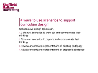 4 ways to use scenarios to support
curriculum design
Collaborative design teams can,
1.Construct

scenarios to work out and communicate their

thinking
2.Construct

scenarios to capture and communicate their

thinking
3.Review

or compare representations of existing pedagogy

4.Review

or compare representations of proposed pedagogy

 