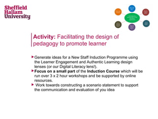 Activity: Facilitating the design of
pedagogy to promote learner
 Generate

ideas for a New Staff Induction Programme using
the Learner Engagement and Authentic Learning design
lenses (or our Digital Literacy lens!).
 Focus on a small part of the Induction Course which will be
run over 3 x 2 hour workshops and be supported by online
resources.
 Work towards constructing a scenario statement to support
the communication and evaluation of you idea

 