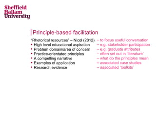 Principle-based facilitation
“Rhetorical resources” – Nicol (2012)
 High level educational aspiration
 Problem domain/area of concern
 Practice-orientated principles
 A compelling narrative
 Examples of application
 Research evidence

– to focus useful conversation
– e.g. stakeholder participation
– e.g. graduate attributes
– often set out in ‘literature’
– what do the principles mean
– associated case studies
– associated ‘toolkits’

 