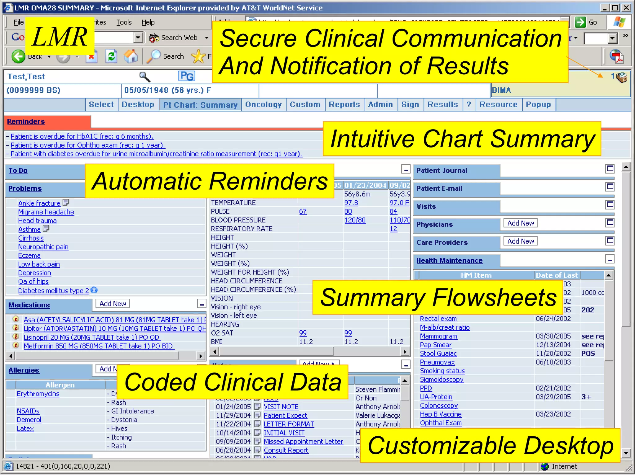 Intuitive Chart Summary Automatic Reminders Summary Flowsheets Coded Clinical Data Customizable Desktop LMR Secure Clinical Communication And Notification of Results 