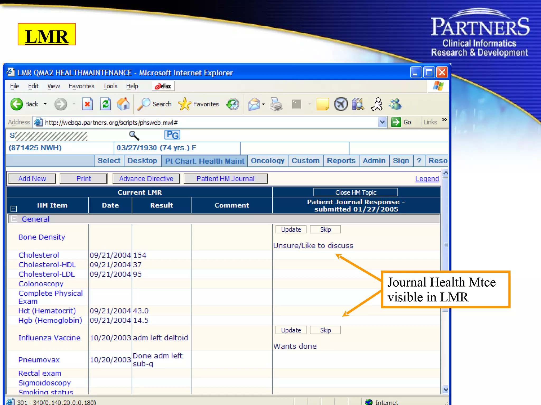 Journal Health Mtce visible in LMR LMR 
