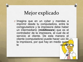 Mejor explicado
O Imagina que en un cyber y mandas a
 imprimir desde tu computadora, entre la
 comgputadora y la impresora debe haber
 un intermediario (middleware) que es el
 controlador de la impresora, el cual da el
 servicio al cliente. De esta manera el
 cliente (computadora) puede hacer uso de
 la impresora, por que hay en medio quien
 le                                 ayude.
 