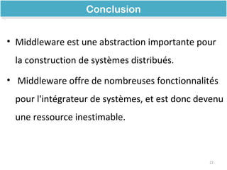 • Middleware est une abstraction importante pour
la construction de systèmes distribués.
• Middleware offre de nombreuses fonctionnalités
pour l'intégrateur de systèmes, et est donc devenu
une ressource inestimable.
ConclusionConclusion
22
 