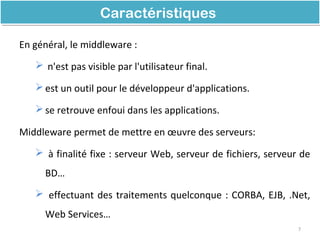 En général, le middleware :
 n'est pas visible par l'utilisateur final.
est un outil pour le développeur d'applications.
se retrouve enfoui dans les applications.
Middleware permet de mettre en œuvre des serveurs:
 à finalité fixe : serveur Web, serveur de fichiers, serveur de
BD…
 effectuant des traitements quelconque : CORBA, EJB, .Net,
Web Services…
7
CaractéristiquesCaractéristiques
 