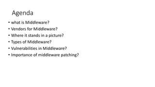 Agenda
• what is Middleware?
• Vendors for Middleware?
• Where it stands in a picture?
• Types of Middleware?
• Vulnerabilities in Middleware?
• Importance of middleware patching?
 