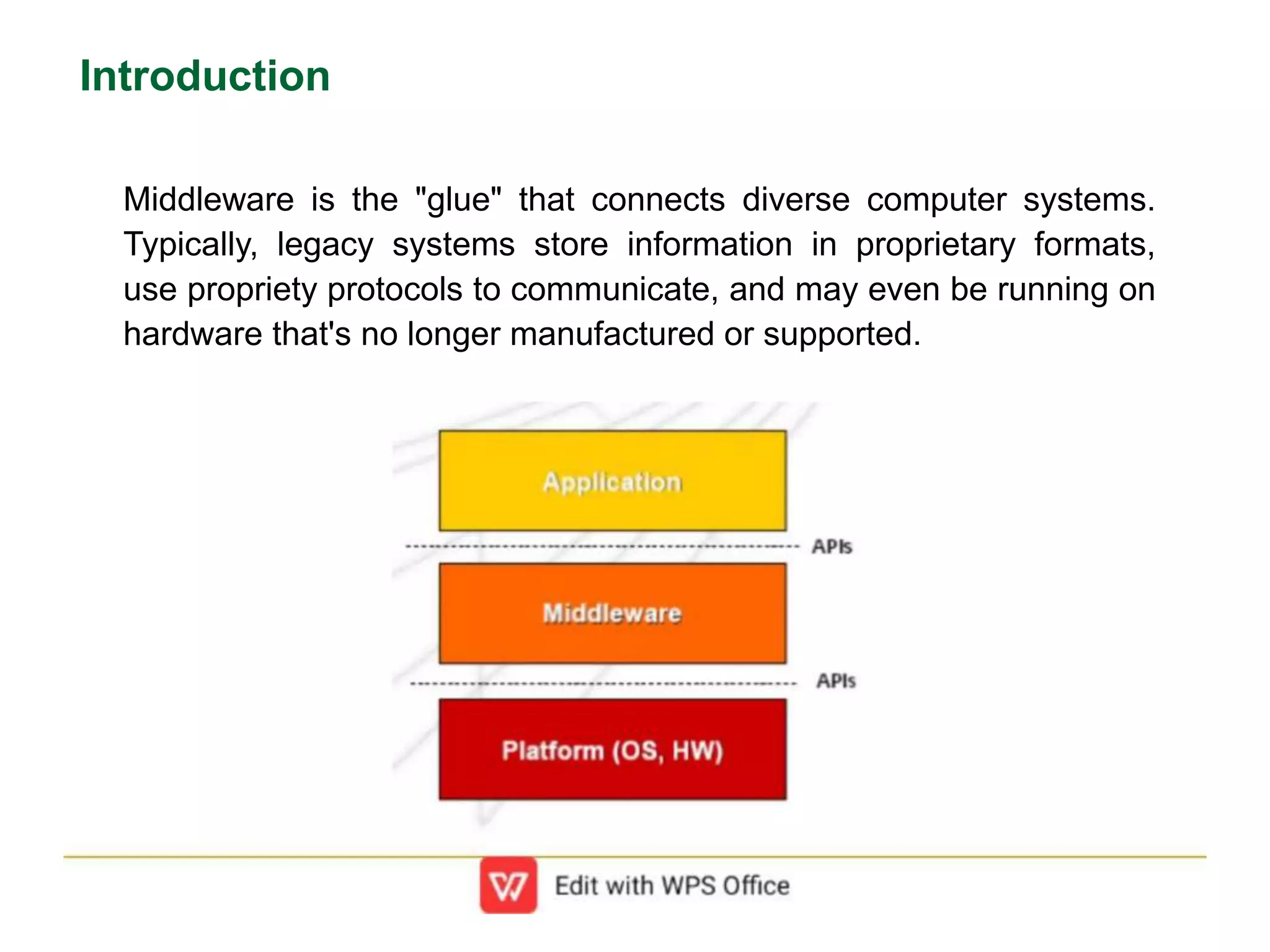 Introduction
Middleware is the "glue" that connects diverse computer systems.
Typically, legacy systems store information in proprietary formats,
use propriety protocols to communicate, and may even be running on
hardware that's no longer manufactured or supported.
 