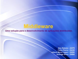 Middleware Alex Batista – 34479 Fabio Pierre – 34436 Juliana Maria Lopes – 34200 Solange Silva – 34404 Uma solução para o desenvolvimento de aplicações distribuídas. 