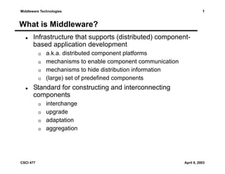 1

Middleware Technologies

What is Middleware?
Infrastructure that supports (distributed) componentbased application development
a.k.a. distributed component platforms
mechanisms to enable component communication
mechanisms to hide distribution information
(large) set of predefined components

Standard for constructing and interconnecting
components
interchange
upgrade
adaptation
aggregation

CSCI 477

April 8, 2003

 