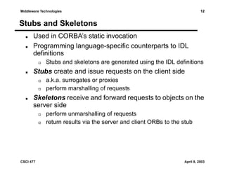 12

Middleware Technologies

Stubs and Skeletons
Used in CORBA’s static invocation
Programming language-specific counterparts to IDL
definitions
Stubs and skeletons are generated using the IDL definitions

Stubs create and issue requests on the client side
a.k.a. surrogates or proxies
perform marshalling of requests

Skeletons receive and forward requests to objects on the
server side
perform unmarshalling of requests
return results via the server and client ORBs to the stub

CSCI 477

April 8, 2003

 