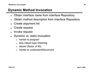 16

Middleware Technologies

Dynamic Method Invocation
Obtain interface name from Interface Repository
Obtain method description from Interface Repository
Create argument list
Create request
Invoke request
Dynamic vs. static invocation
harder to program
less robust type checking
slower (factor of 40)
harder to understand/document

CSCI 477

April 8, 2003

 