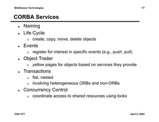 17

Middleware Technologies

CORBA Services
Naming
Life Cycle
create, copy, move, delete objects

Events
register for interest in specific events (e.g., push, pull)

Object Trader
yellow pages for objects based on services they provide

Transactions
flat, nested
involving heterogeneous ORBs and non-ORBs

Concurrency Control
coordinate access to shared resources using locks

CSCI 477

April 8, 2003

 