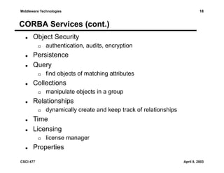 Middleware Technologies

18

CORBA Services (cont.)
Object Security
authentication, audits, encryption

Persistence
Query
find objects of matching attributes

Collections
manipulate objects in a group

Relationships
dynamically create and keep track of relationships

Time
Licensing
license manager

Properties
CSCI 477

April 8, 2003

 