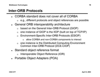19

Middleware Technologies

Inter-ORB Protocols
CORBA standard does not cover all of CORBA
e.g., different protocols and object references are possible

General ORB interoperability architecture
based on the General Inter-ORB Protocol (GIOP)
one instance of GIOP is the IIOP (built on top of TCP/IP)
Environment-Specific Inter-ORB Protocols (ESIOP)
allow CORBA and non-CORBA components to interact

one instance is the Distributed Computing Environment
Common Inter-ORB Protocol (DCE-CIOP)

Standard object reference format
Interoperable Object Reference (IOR)

Portable Object Adapters (POA)

CSCI 477

April 8, 2003

 