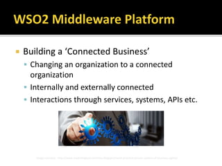  Building a ‘Connected Business’
 Changing an organization to a connected
organization
 Internally and externally connected
 Interactions through services, systems, APIs etc.
Image courtesy : http://www.mydrivingseat.com/the-blog/profound-practical-proven-system-of-business-agility/
 