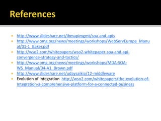  http://www.slideshare.net/ibmapimgmt/soa-and-apis
 http://www.omg.org/news/meetings/workshops/WebServEurope_Manu
al/01-1_Baker.pdf
 http://wso2.com/whitepapers/wso2-whitepaper-soa-and-api-
convergence-strategy-and-tactics/
 http://www.omg.org/news/meetings/workshops/MDA-SOA-
WS_Manual/04-A1_Brown.pdf
 http://www.slideshare.net/udaysaikia/12-middleware
 Evolution of Integration http://wso2.com/whitepapers/the-evolution-of-
Integration-a-comprehensive-platform-for-a-connected-business
 