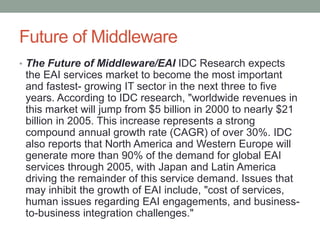 Future of Middleware
• The Future of Middleware/EAI IDC Research expects
the EAI services market to become the most important
and fastest- growing IT sector in the next three to five
years. According to IDC research, "worldwide revenues in
this market will jump from $5 billion in 2000 to nearly $21
billion in 2005. This increase represents a strong
compound annual growth rate (CAGR) of over 30%. IDC
also reports that North America and Western Europe will
generate more than 90% of the demand for global EAI
services through 2005, with Japan and Latin America
driving the remainder of this service demand. Issues that
may inhibit the growth of EAI include, "cost of services,
human issues regarding EAI engagements, and business-
to-business integration challenges."
 