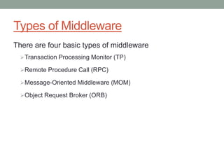 Types of Middleware
There are four basic types of middleware
Transaction Processing Monitor (TP)
Remote Procedure Call (RPC)
Message-Oriented Middleware (MOM)
Object Request Broker (ORB)
 