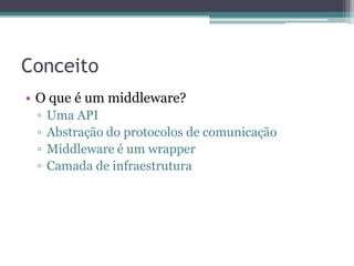 ConceitoO que é um middleware?Uma APIAbstração do protocolos de comunicaçãoMiddleware é um wrapperCamada de infraestrutura