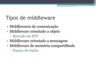 Tipos de middlewareMiddlewares de comunicaçãoMiddleware orientado a objetoBaseado em RPCMiddleware orientado a mensagemMiddleware de memória compartilhadaEspaço de tuplas