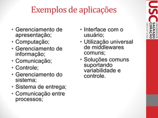 Exemplos de aplicações

• Gerenciamento de      • Interface com o
  apresentação;           usuário;
• Computação;           • Utilização universal
• Gerenciamento de        de middlewares
  informação;             comuns;
• Comunicação;          • Soluções comuns
• Controle;               suportando
                          variabilidade e
• Gerenciamento do        controle.
  sistema;
• Sistema de entrega;
• Comunicação entre
  processos;
 