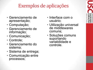 Exemplos de aplicações
• Gerenciamento de
apresentação;
• Computação;
• Gerenciamento de
informação;
• Comunicação;
• Controle;
• Gerenciamento do
sistema;
• Sistema de entrega;
• Comunicação entre
processos;

• Interface com o
usuário;
• Utilização universal
de middlewares
comuns;
• Soluções comuns
suportando
variabilidade e
controle.

 