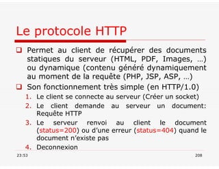 Le protocole HTTP
 Permet au client de récupérer des documents
statiques du serveur (HTML, PDF, Images, …)
ou dynamique (contenu généré dynamiquement
au moment de la requête (PHP, JSP, ASP, …)
 Son fonctionnement très simple (en HTTP/1.0)
1. Le client se connecte au serveur (Créer un socket)
2. Le client demande au serveur un document:
Requête HTTP
3. Le serveur renvoi au client le document
(status=200) ou d’une erreur (status=404) quand le
document n’existe pas
4. Deconnexion
23:53 208
 
