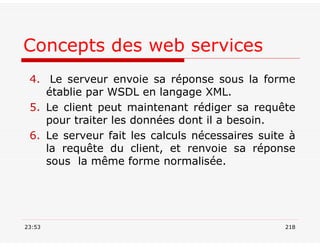 Concepts des web services
23:53 218
4. Le serveur envoie sa réponse sous la forme
établie par WSDL en langage XML.
5. Le client peut maintenant rédiger sa requête
pour traiter les données dont il a besoin.
6. Le serveur fait les calculs nécessaires suite à
la requête du client, et renvoie sa réponse
sous la même forme normalisée.
 