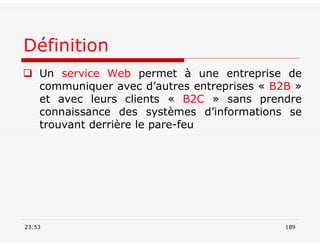 Définition
 Un service Web permet à une entreprise de
communiquer avec d’autres entreprises « B2B »
et avec leurs clients « B2C » sans prendre
connaissance des systèmes d’informations se
trouvant derrière le pare-feu
23:53 189
 