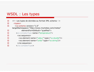  <!-- Les types de données au format XML schema -->
 <types>
 <xs:schema version="1.0"
targetNamespace="http://www.mymeteo.com/meteo"
 elementFormDefault="qualified">
 <xs:complexType name="temperature">
 <xs:sequence>
 <xs:element name="valeur" type="xs:double"/>
 <xs:element name="unite" type="xs:string"/>
 </xs:sequence>
 </xs:complexType>
WSDL : Les types
 