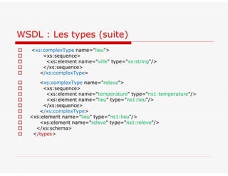  <xs:complexType name="lieu">
 <xs:sequence>
 <xs:element name="ville" type="xs:string"/>
 </xs:sequence>
 </xs:complexType>
 <xs:complexType name="releve">
 <xs:sequence>
 <xs:element name="temperature" type="ns1:temperature"/>
 <xs:element name="lieu" type="ns1:lieu"/>
 </xs:sequence>
 </xs:complexType>
 <xs:element name="lieu" type="ns1:lieu"/>
 <xs:element name="releve" type="ns1:releve"/>
 </xs:schema>
 </types>
WSDL : Les types (suite)
 