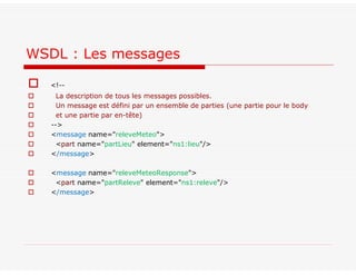  <!--
 La description de tous les messages possibles.
 Un message est défini par un ensemble de parties (une partie pour le body
 et une partie par en-tête)
 -->
 <message name="releveMeteo">
 <part name="partLieu" element="ns1:lieu"/>
 </message>
 <message name="releveMeteoResponse">
 <part name="partReleve" element="ns1:releve"/>
 </message>
WSDL : Les messages
 