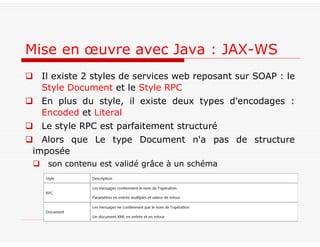  Il existe 2 styles de services web reposant sur SOAP : le
Style Document et le Style RPC
 En plus du style, il existe deux types d'encodages :
Encoded et Literal
 Le style RPC est parfaitement structuré
 Alors que Le type Document n'a pas de structure
imposée
 son contenu est validé grâce à un schéma
Mise en œuvre avec Java : JAX-WS
 