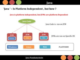 PLATFORM
Java Fundamentals
Java
‘Java ‘ – Is Platform Independent , but how ?
Java is platform independent, but JVMs are platform Dependent
Windows Linux MAC
Java Code
JVM
Windows
JVM
Linux
JVM
MAC
Java Code is run on JVM
JVMs are run on Specific OS
 