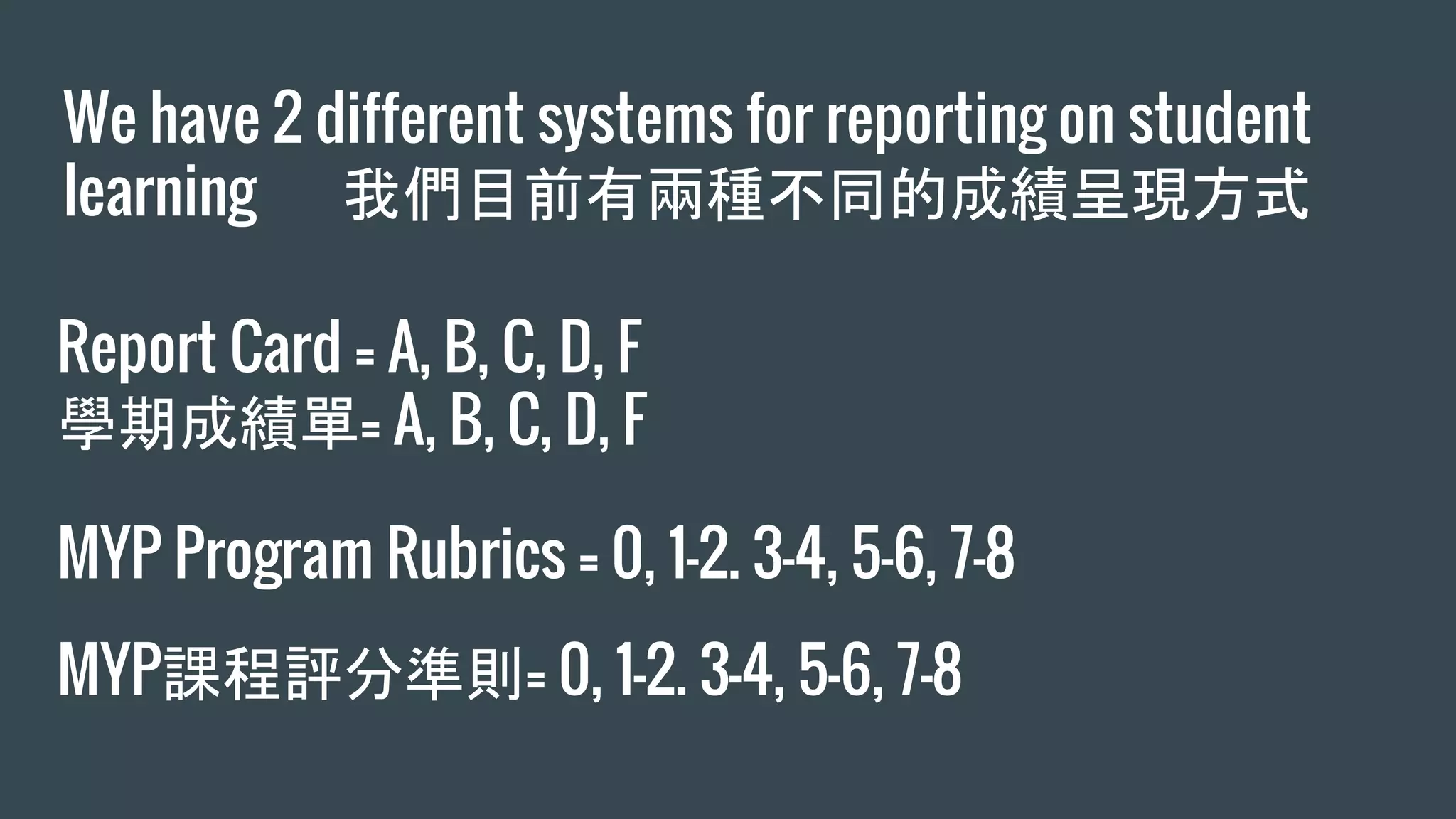 We have 2 different systems for reporting on student
learning 我們目前有兩種不同的成績呈現方式
Report Card = A, B, C, D, F
學期成績單= A, B, C, D, F
MYP Program Rubrics = 0, 1-2. 3-4, 5-6, 7-8
MYP課程評分準則= 0, 1-2. 3-4, 5-6, 7-8
 
