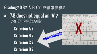 Grading? 0-8? A, B, C? 成績怎麼算?
● 7-8 does not equal an ‘A’?
7-8 分不等於A嗎?
Criterion A 7
Criterion B 7
Criterion C 7
Criterion D 7
non-example X
 