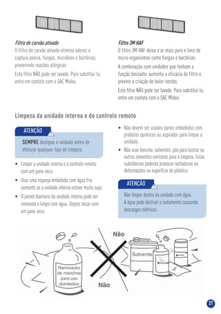 27
Limpeza da unidade interna e do controle remoto
• Limpar a unidade interna e o controle remoto
com um pano seco.
• Usar uma esponja embebida com água fria
somente se a unidade interna estiver muito suja.
• O painel dianteiro da unidade interna pode ser
removido e limpo com água. Depois secar com
um pano seco.
• Não devem ser usados panos embebidos com
produtos químicos ou aspirador para limpar a
unidade.
• Não usar benzina, solventes, pós para lustrar ou
outros solventes similares para a limpeza. Estas
substâncias poderão provocar rachaduras ou
deformações na superfície de plástico.
ATENÇÃO !
Não limpar dentro da unidade com água.
A água pode destruir o isolamento causando
descargas elétricas.
SEMPRE desligue a unidade antes de
efeturar qualquer tipo de limpeza.
ATENÇÃO !
Filtro de carvão ativado
O filtro de carvão ativado elimina odores e
captura poeira, fungos, micróbios e bactérias,
prevenindo reações alérgicas
Este ﬁltro NÃO pode ser lavado. Para substituí-lo,
entre em contato com o SAC Midea.
Filtro 3M HAF
O filtro 3M HAF deixa o ar mais puro e livre de
micro-organismos como fungos e bactérias.
A combinação com unidades que tenham a
função Ionizador aumenta a eficácia do filtro e
previne a criação de bolor nestas.
Este ﬁltro NÃO pode ser lavado. Para substituí-lo,
entre em contato com o SAC Midea.
 