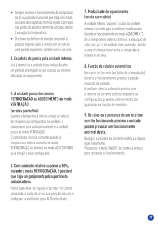 29
7. Modalidade de aquecimento
(versão quente/frio)
A unidade interna “absorve” o calor da unidade
externa e o emite para o ambiente condicionado
durante o funcionamento no modo AQUECIMENTO.
Se a temperatura externa diminui, a absorção de
calor por parte da unidade deve aumentar devido
a uma diferença maior entre a temperatura
interna e externa.
8. Função de reinício automático
Um corte de corrente (ou falha de alimentação)
durante o funcionamento provoca a parada
imediata da unidade.
A unidade reinicia automaticamente com
o retorno da corrente elétrica enquanto as
configurações gravadas anteriormente são
guardadas na função de memória.
9. Os raios ou a presença de um telefone
sem ﬁo funcionando próximo a unidade
podem provocar um funcionamento
anormal desta.
Desligar a unidade da corrente elétrica e depois
ligar novamente.
Pressionar a tecla ON/OFF do controle remoto
para restaurar o funcionamento.
6. Com umidade relativa superior a 80%,
durante o modo REFRIGERAÇÃO, é possível
que haja umgotejamentopelasuperfícieda
unidadeinterna.
Neste caso deve-se regular o defletor horizontal
colocando a saída do ar na sua posição máxima e
configurar o ventilador para ALTA velocidade.
5. A unidade passa dos modos
REFRIGERAÇÃO ou AQUECIMENTO ao modo
VENTILAÇÃO
(versões quente/frio)
Quando a temperatura interna atinge os valores
de temperatura conﬁgurados na unidade, o
compressor para automaticamente e a unidade
passa ao modo VENTILAÇÃO.
O compressor reinicia somente quando a
temperatura interna aumenta no modo
REFRIGERAÇÃO ou diminui no modo AQUECIMENTO
para atingir o valor conﬁgurado.
• Sempre durante o funcionamento do compressor
ou da sua parada é possível que haja um chiado,
causado pela expansão térmica e pela contração
das partes de plástico dentro da unidade, devido
à variação da temperatura.
• O retorno do deﬂetor de direção horizontal à
posição original, após o reinício em virtude de
uma parada imprevista, também emite um som.
4. Expulsão da poeira pela unidade interna.
Isto é normal se a unidade ﬁcou inativa durante
um período prolongado ou por ocasião da primeira
utilização do equipamento.
 